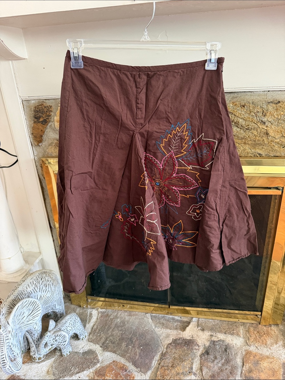 Boho Embroidered A-Line Skirt in Brown
